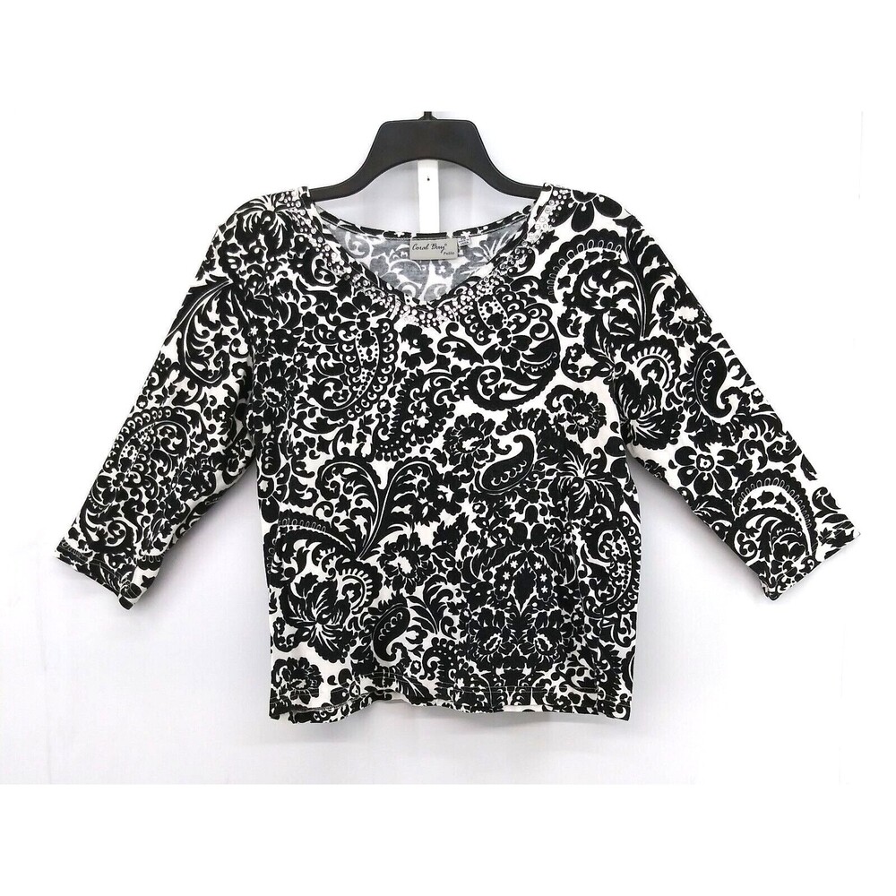 Coral Bay Shirt Women Size PM Black White Floral 3/4 Sleeve Beaded V-Neck Top